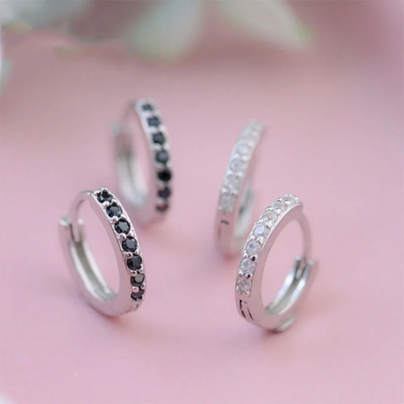 

925 Sterling Silver Black White Rhinestone Hoop Earrings for Women Hipster Personalized Punk Style Chic Ear Circle Femme Jewelry