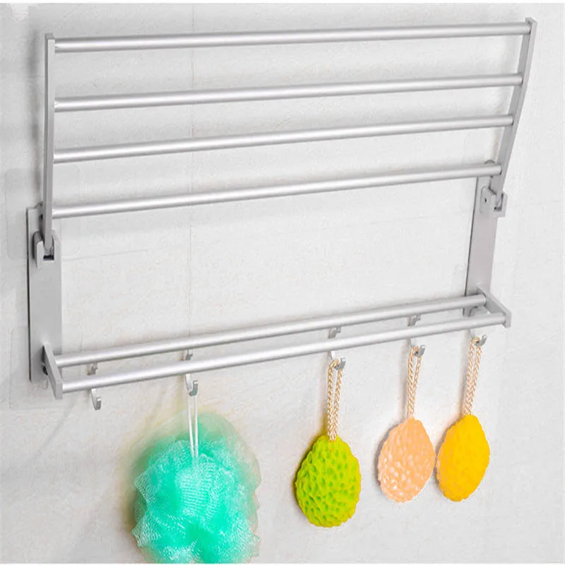 

40/50/60cm Multifunction Space Aluminum Alloy Double Towel Rack With 5 Hooks Foldable Kitchen Bathroom Towel Storage Shelves