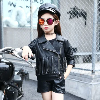 

Girls PU Leather Jacket Fashion Children Clothing Tassels Kids Outerwear Coats Faux Leather Jacket Short Style Overcoat BLACK