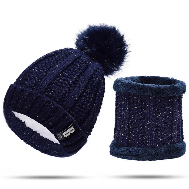 [Lakysilk] Зимние теплые шапки бини снуд набор для женщин Дамы крючком Skullies& Beanies с помпоном для девочек вязаная бархатная шапка