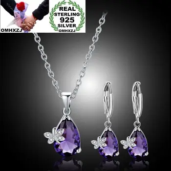 

OMHXZJ Wholesale Personality Fashion OL Woman Purple Butterfly Zircon 925 Sterling Silver Earrings+Necklace Jewelry Set SE12