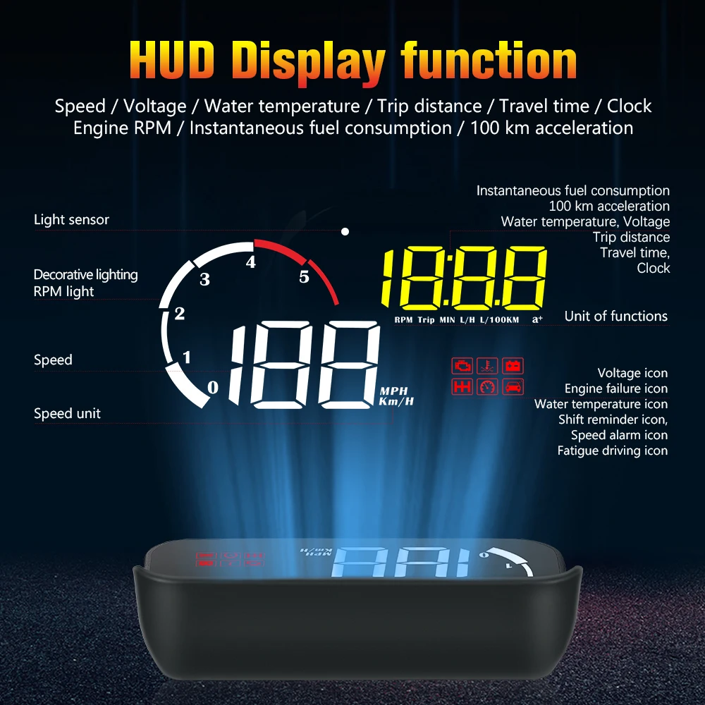 Автомобильный HUD Дисплей M10 лучше, чем A100S дисплей OBD2 сверхскоростПредупреждение автоматическая электронная температура воды