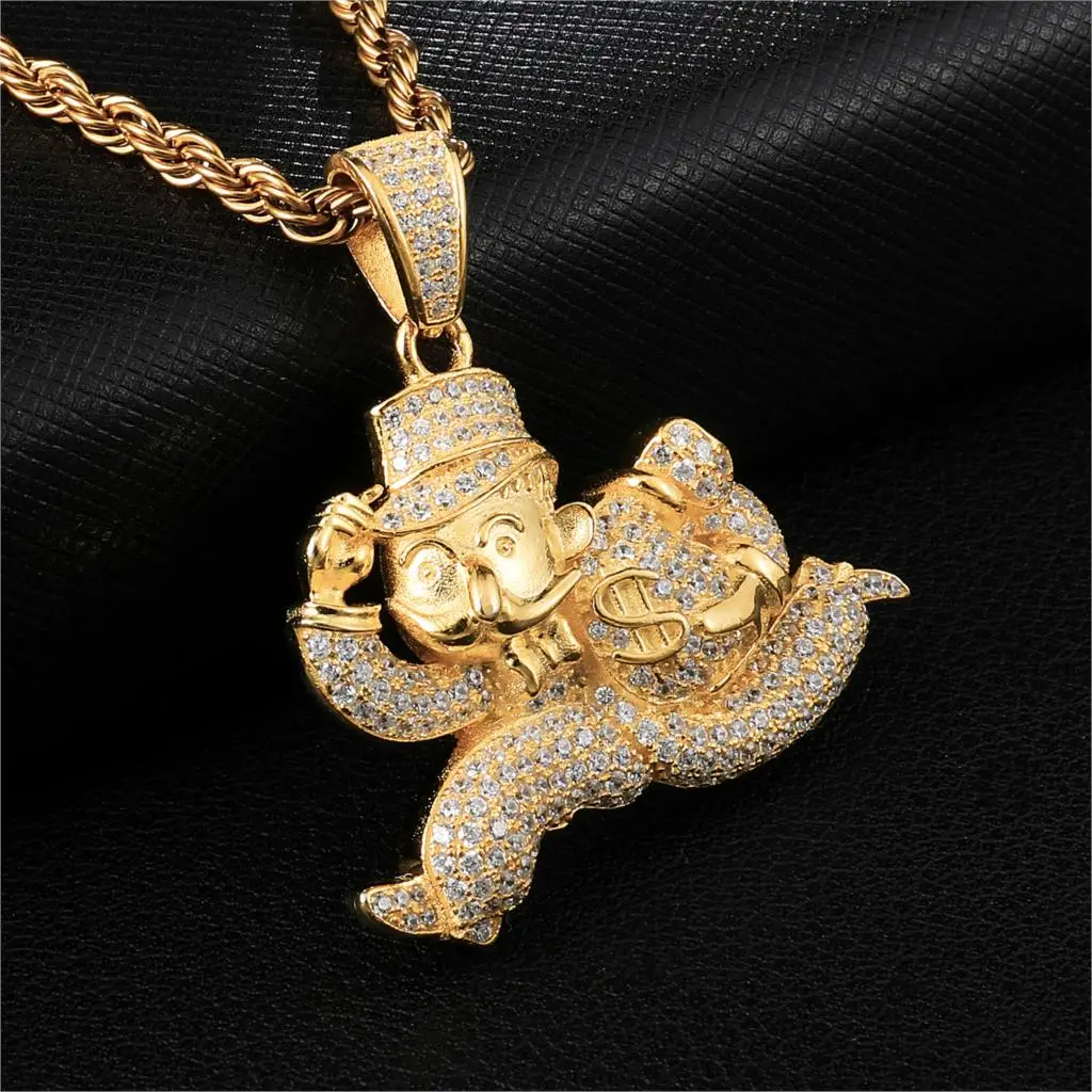 Pаспродажа Iced Out Bling набор украшений с цирконием Монополия бегущий клоун с брелоки для сумки и ожерелья для мужчин хип хоп ювелирные изделия