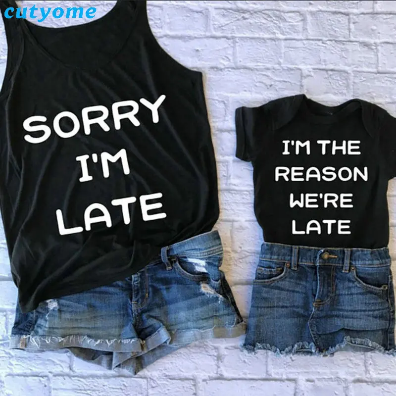 Family Sorry I'm Late Matching Outfits Summer Mother Sleeve Tshirt Daugther Short Top Black Clothes Girls Baby Romper Clothes (1)