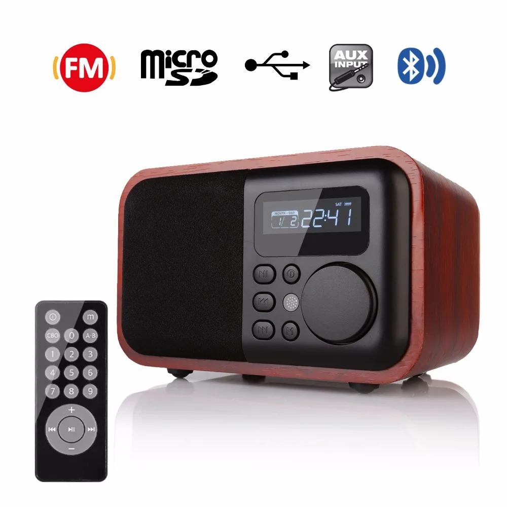 FM Radio Wooden Digital Multi Functional Speaker Bluetooth Alarm MP3 Player Micro SD/TF Card USB Remote Controller