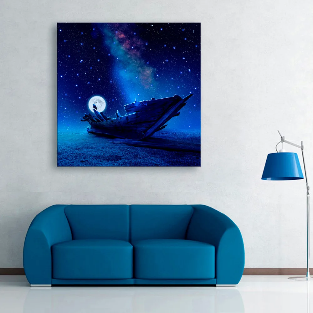 

Stretched Canvas Prints Street Lights LED Under The Moon Boat Print LED Wall Art LED Decorations