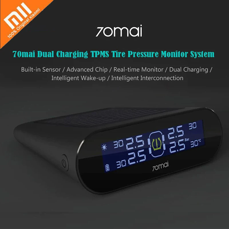 

Xiaomi 70mai TPMS Car Tire Pressure Monitor Solar USB Dual Charging app control 4 Built-in Sensors System with Car Gauge Sensor