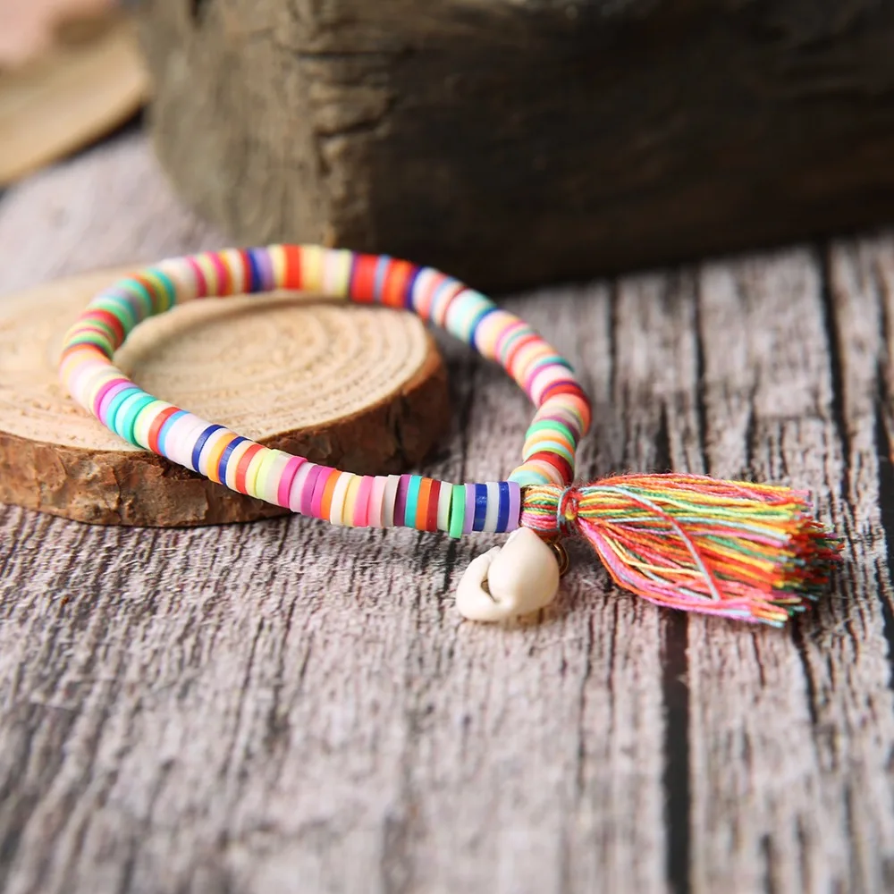 

LOULEUR Women Fashion Colorful Pink Beads Handmade Bracelets with Tassel Pendant Shell Jewelry Bohemian Strand Bracelet for Girl