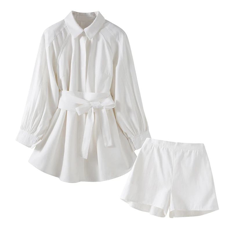 SMTHMA новые летние женские белые длинные рубашки комплекты из двух предметов блузка с рукавами-фонариками+ шорты с высокой талией и широкими штанинами костюмы
