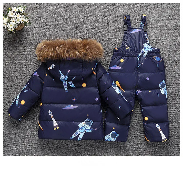 30 Degrees Winter Children Down Jacket Clothing Sets Furry Collar Girls Down Jackets+ Overalls Kids Warm Suit For Boys