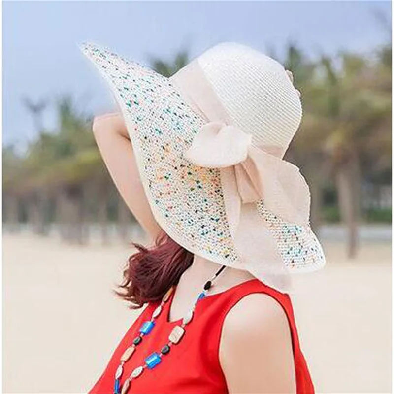 Женская цветная соломенная шляпа с большими полями, широкополая шляпа от солнца, шляпы с широкими полями, новая складная пляжная шляпа с бантом, женская летняя шляпа# A