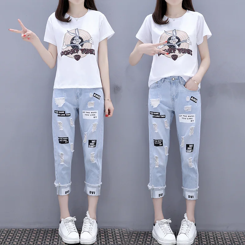 

New Arrival 2019 Spring 2 Pieces Jeans Suits Diamonds Sequins Anima Print tshirt Cotton Tops + Jeans Pants Set