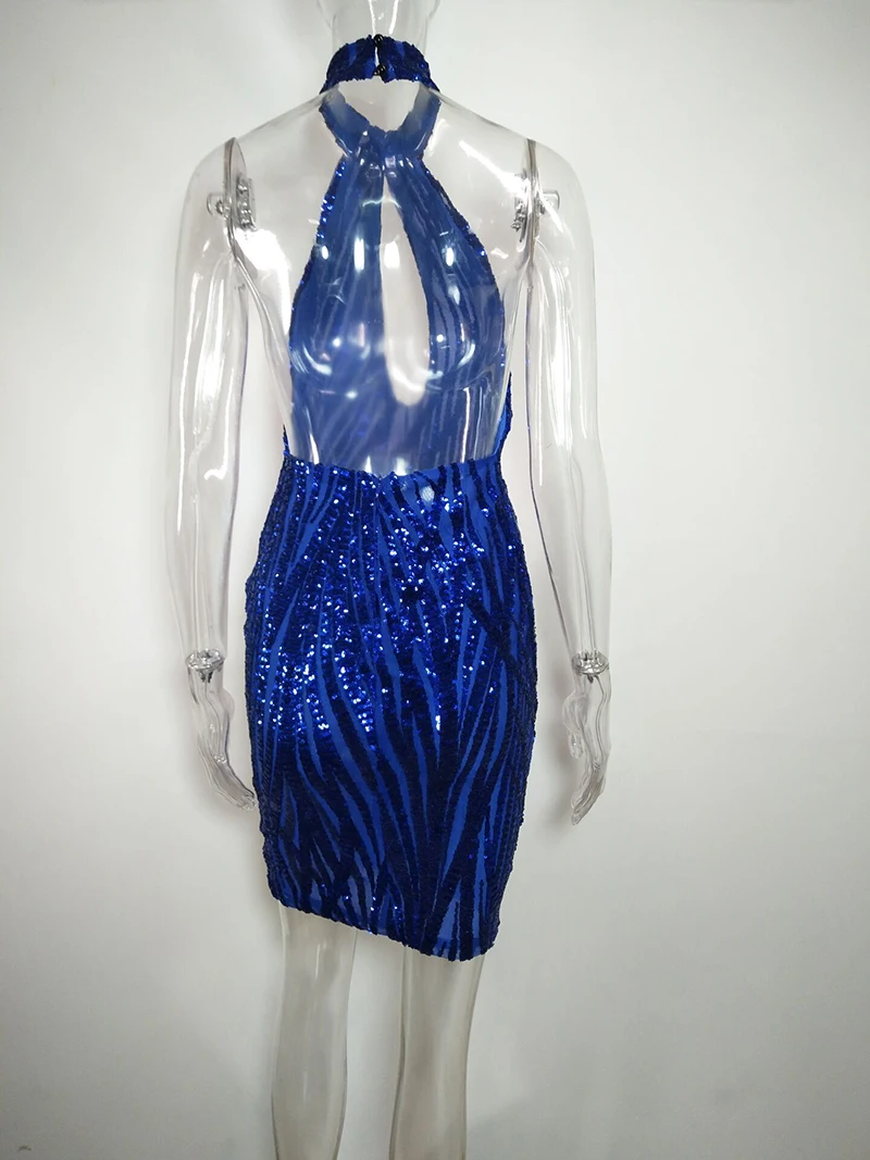 Блестящее украшенное Королевское синее платье с пайетками женское сексуальное платье с вырезом и высоким вырезом на спине прозрачное вечернее платье vestidos