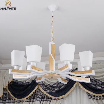 

modern led chandeliers lighting Solid wood hanging White Glass lustre lampshade chandeliers ceiling living room decor luminaires