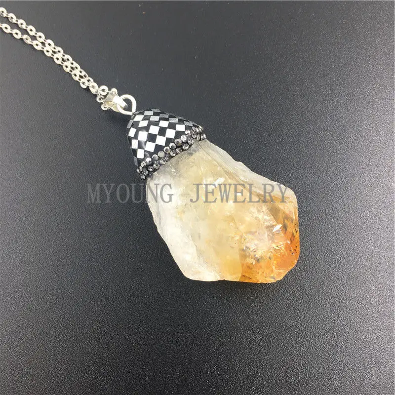 MY0971 Freeform Aura Quartz Yellow Crystal Titanium Point Pendant, Crystal Rhinestone Pave Cap Gem Stone Quartz Druzy Necklace (4)