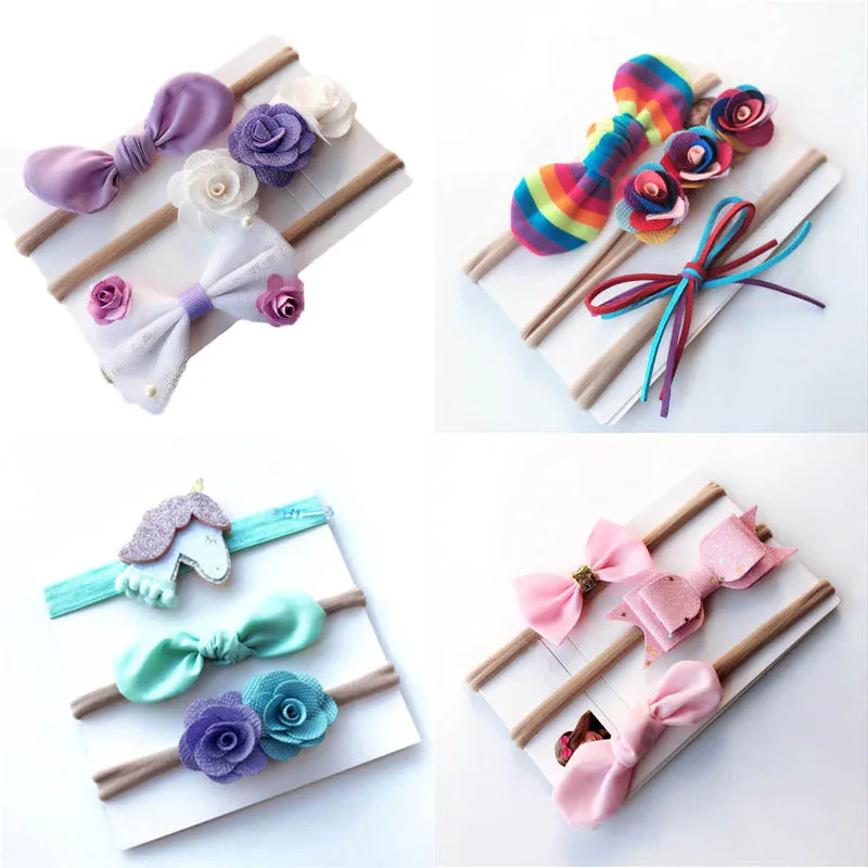 3Pcs/Set Elegant Baby Girls Headband Flower Bow Hair Band Elastic Nylon headband Kids Girls Hair Turban Baby Head accessories