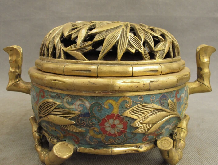 

Collectible bronze S1427 9" Tibet Enamel Cloisonne Bronze Gilt Bamboo Pole Statue Incense Burner Censer B0403