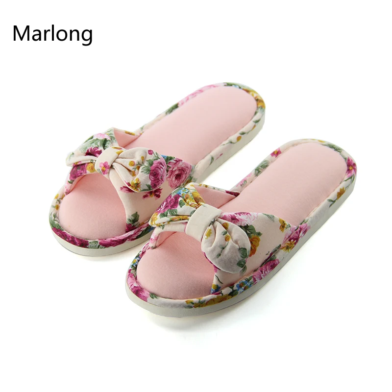 

Floral Bow Cute Women Slippers Home Soft Cotton Comfortable Open Toe Flip Flops Romantic Pastoralism Sandals Fashion Woman Shoes