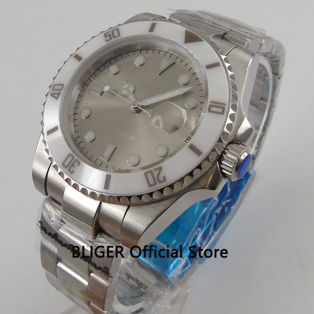 

Sapphire Crystal Bliger 40mm grey sterile dial white ceramic turning bezel luminous marks Miyota automatic movement men's watch