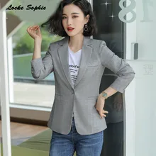 1pcs Women's Plus size Blazers coats 2019 Summer cotton blend plaid Long sleeves Small Suits jackets ladies Skinny Blazers Suit
