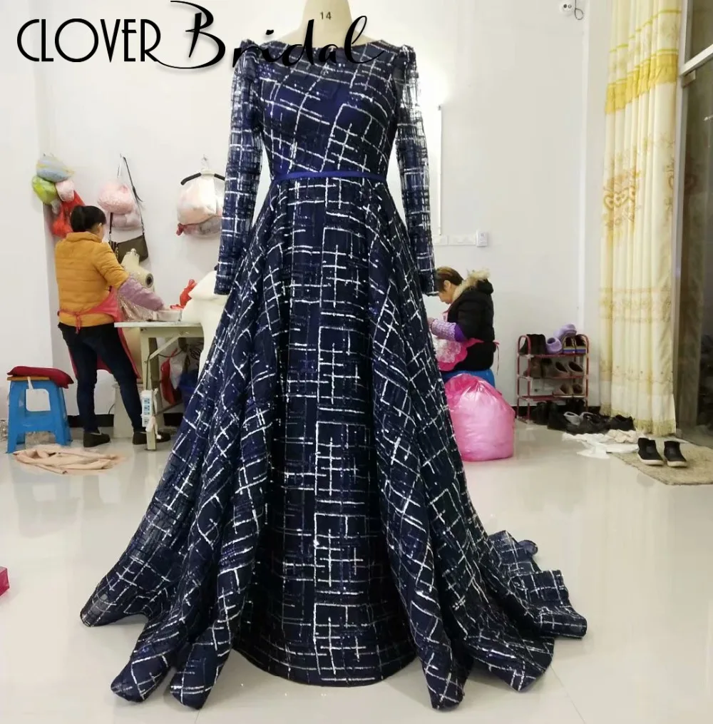 CloverBridal последняя фабрика реальные фотографии длинное вечернее платье блестки bleu marin темно-синее блестящее вечернее платье