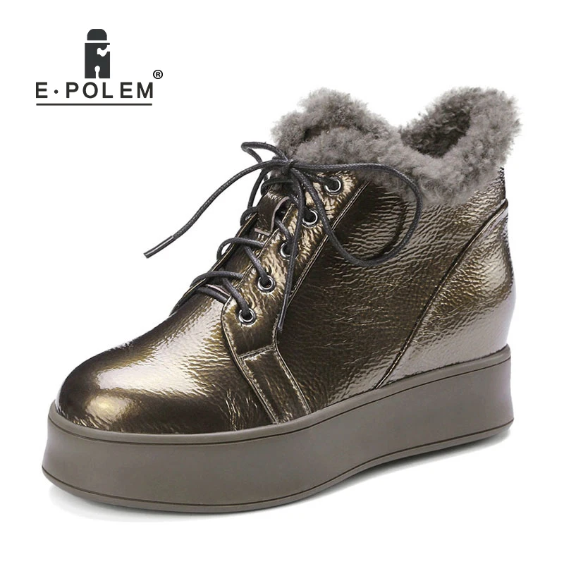 

2018 New Female Heighten Front Lace Up Short Wool Snow Boots for Woman Genuine Leather Boots High Platform Ankle Boots
