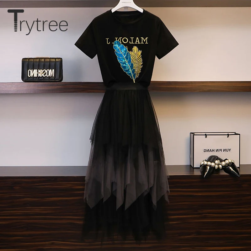 

Trytree Summer Women Two piece set Casual O-Neck Embroidery Feather Top + Dress Elastic Waist Cascading Ruffle Suit 2 Piece Set