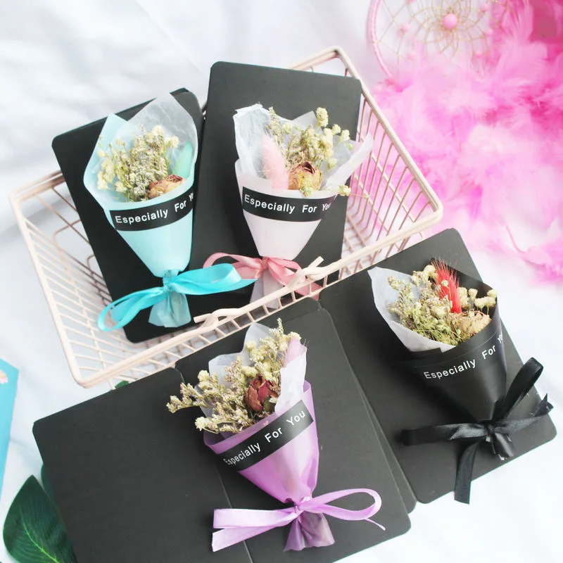 Blanc Mini Ramo Creativo con Caja y Tarjeta de felicitaci/ón Ramo de Flores secas Regalos de cumplea/ños Decoraci/ón de Fiesta 005-Combo1