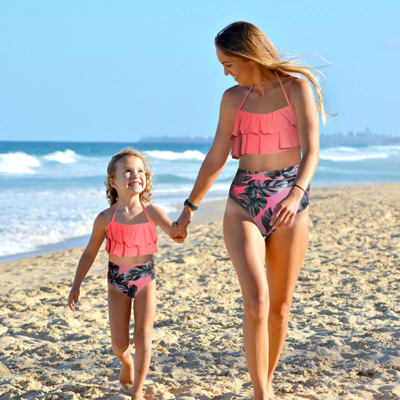 ...Bikini Set High Waist Mother Daughter Baby Girls Swimsuit Lotus Leaf Bea...