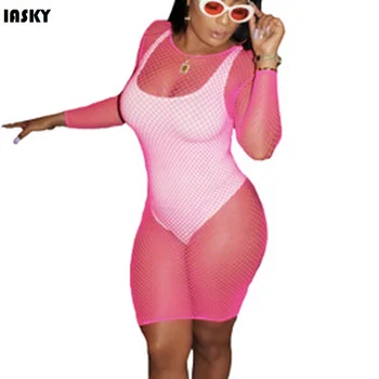 

IASKY 2019 New hollow out bikini cover ups sexy women mesh swimwear swimsuit cover up beach dress