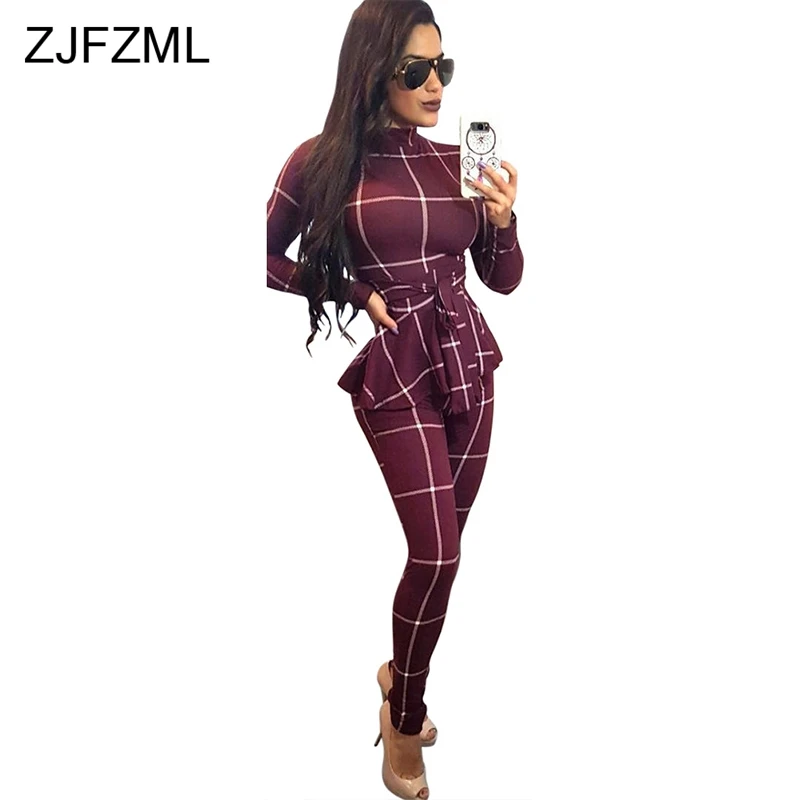 

Long Sleeve Sexy Rompers Womens Jumpsuit Female Turtleneck Plaid Print One Piece Overall High Street Ruffle Belt Skinny Bodysuit
