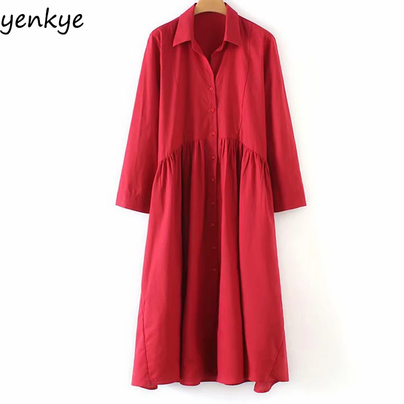 

2019 Women Vintage Solid Color Long Shirt Dress Lady Turn-down Collar Long Sleeve A-line Casual Dress Summer vestidos