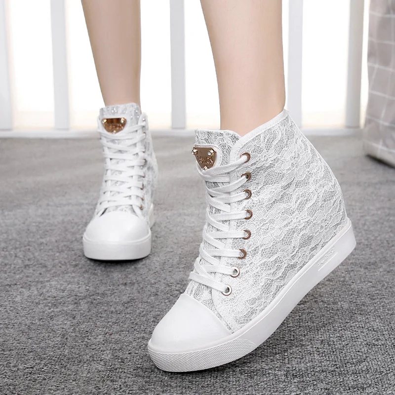 6cm High Heels Hidden Wedges 2018 Woman Lace Casual Elevator Shoes ...