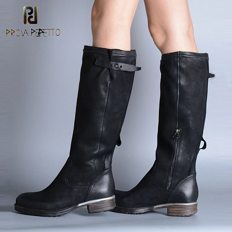 

Prova Perfetto New Arrival Fashion Sheepskin Square Heel Knee-high Boots Thin Leg Boots Retro Do Old Belt Buckle Female Boots