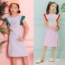 4 6 8 10 12 14 Yrs kids & teenage girls ruffle sleeve cotton casual dress hem sideSplit tee dress children summer A line dresses women ruffle layered v neck dresses casual high waist flare sleeve a line dress 2019 summer fashion vintage printed dresses