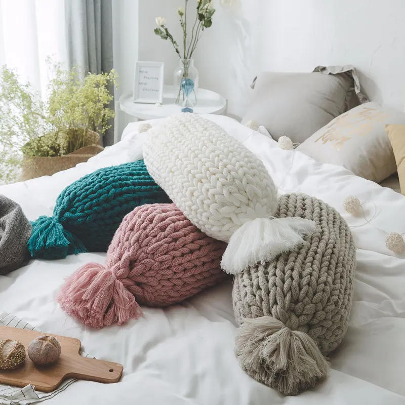 Модные синие розовые белые для леденцов форма подушки шерсть вязаная декоративная подушка для дома бросок для дивана, кровати, стула подушки для автомобиля