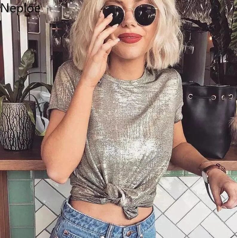 

Nepole Cool Girl Short Sleeve T-shirts Summer Casual Loose O-neck Tops 2019 European New Fashion Shinny Women Chic T Shirt 69994