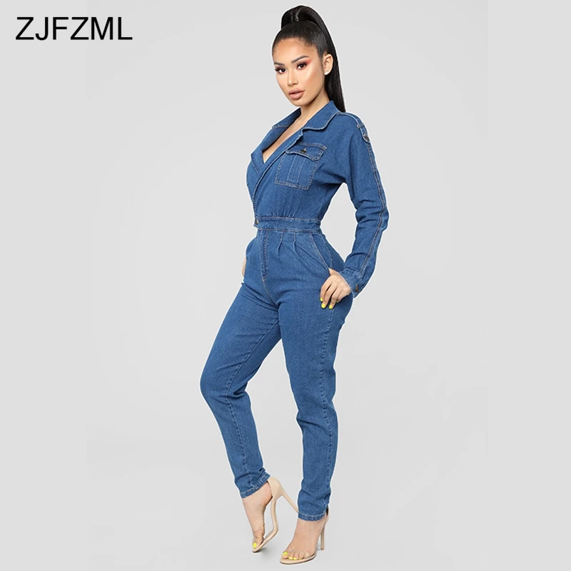 Turn-Down Collar Sexy Denim Jumpsuit 2018 Women Blue Deep V Neck Long Sleeve One Piece Overall Vintage Ladies Pockets Bodysuits 