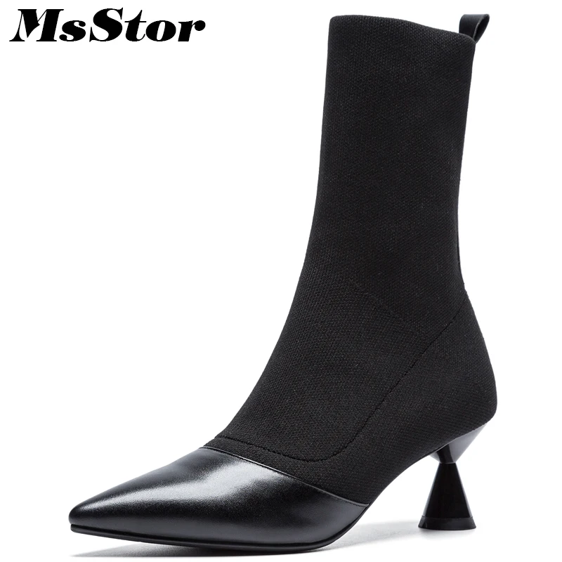 

MsStor Pointed Toe High Heel Women Boots Fashion Concise Mid-Calf Boots Women Shoes Strange Style Mature Elegant Boots Women