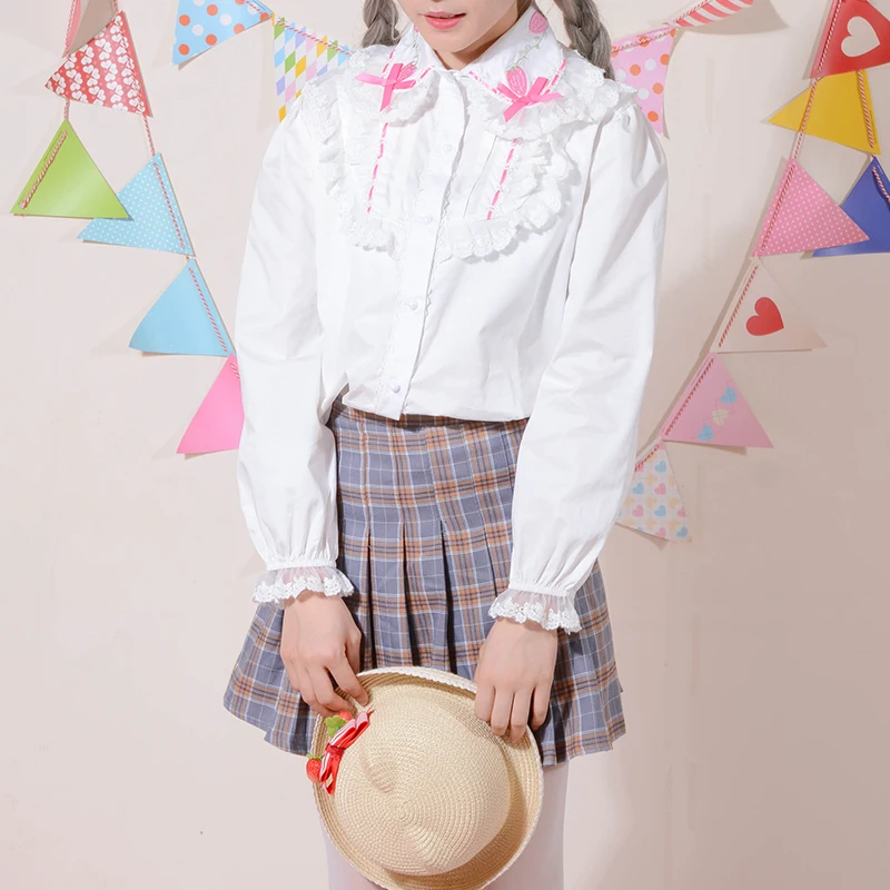 

Autumn spring New Women's Blouse Long-sleeved White Cute Bow Lace Lolita Japanese Preppy girls' shirts Strawberry Embroidery