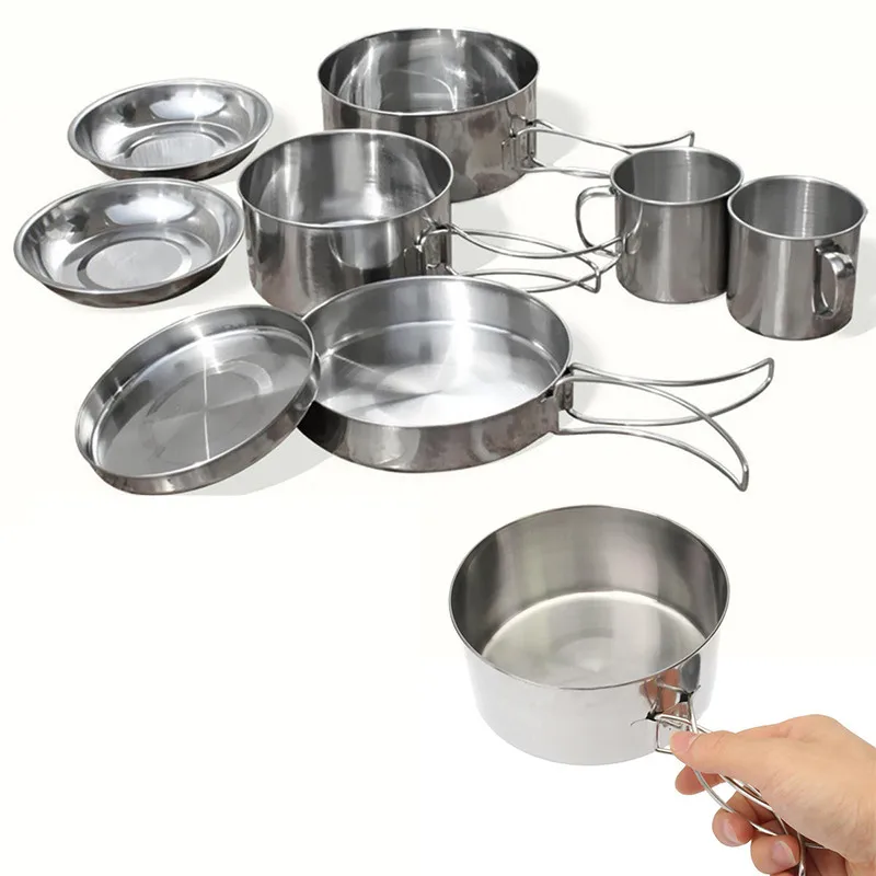 Nuevo unids juego de olla para Picnic al aire libre de 8 piezas, caja de acero inoxidable, bandeja de cocina, tazón, bandeja, cubierta para campamento, senderismo, juego de cocina