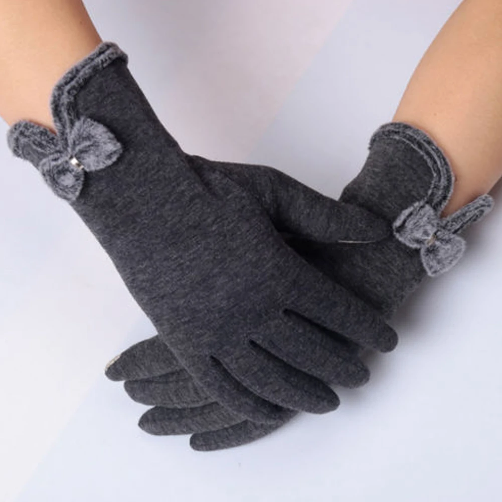 Горячая Распродажа, Женские ветрозащитные уличные перчатки с сенсорным экраном, черные, серые, коричневые, фиолетовые бархатные дышащие зимние теплые перчатки с бантом
