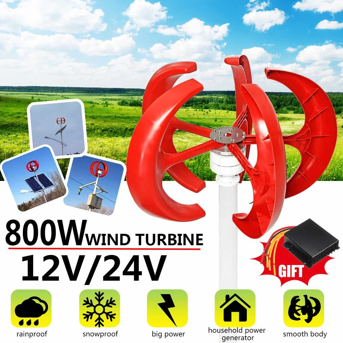 

800W Vertical Axis Wind Turbines Generator Lantern 12V 24V 5 Blades Motor Kit Electromagnetic For Home Hybrid Streetlight Use