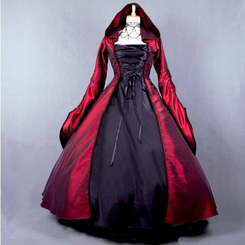 Может быть на заказ Ретро с длинными рукавами черный/красный Готическая викторианская Лолита платье/Хэллоуин с капюшоном ведьмы платье