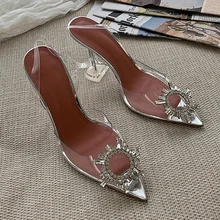 Прозрачные женские туфли-лодочки с кристаллами пикантные туфли с острым носком на высоком каблуке женские Вечерние туфли на прозрачном каблуке