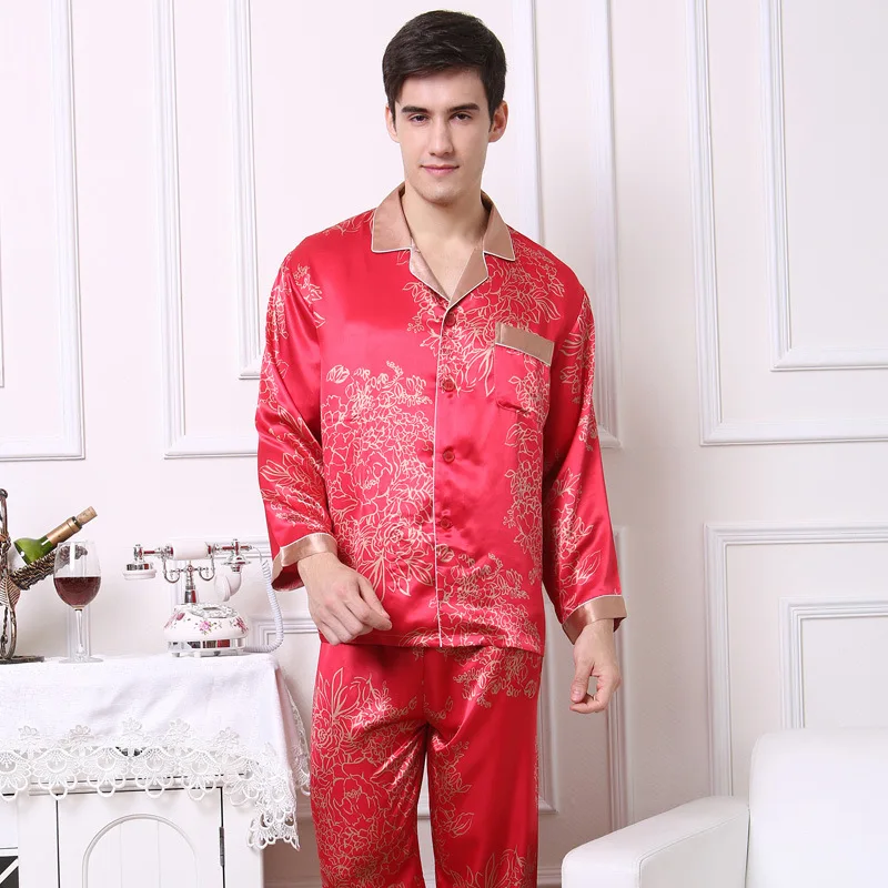 High Quality New Chinese Men's Satin Silk Pajamas Red Long Sleeve Pyjama Sets Lovers Casual Flower Sleepwear Wedding Gifts