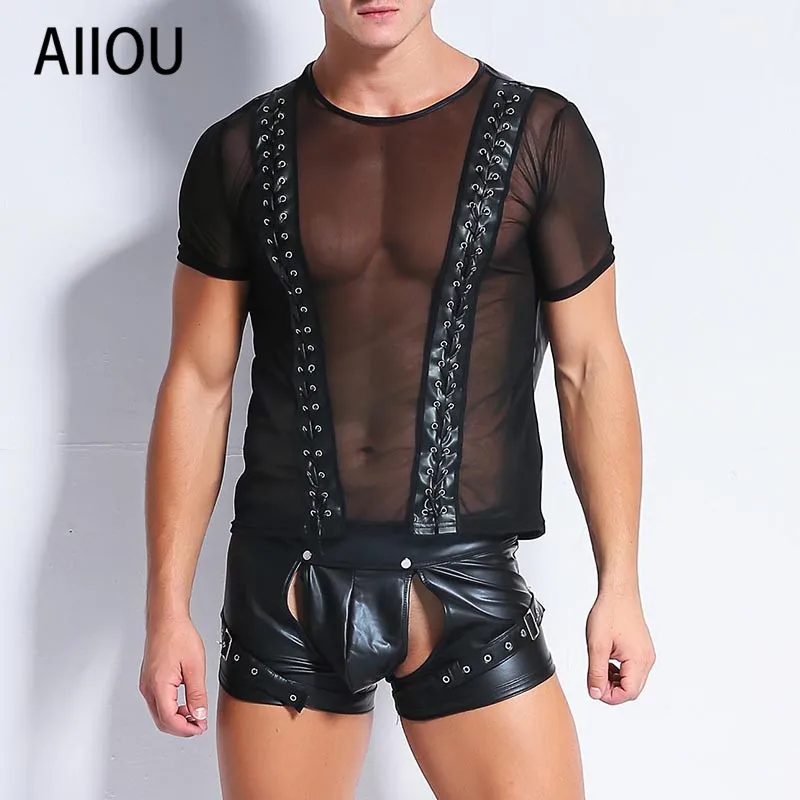 

AIIOU Gay Undershirts Set Mesh Faux Leather Transparent Fitness Black Bandage Erotic Funny Pants Undershirts for Men Dance Wear