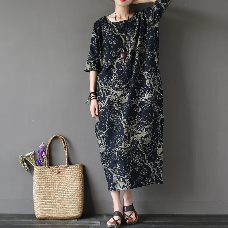 

2019 New Women Cotton Linen Summer Style Dress Print Plus size Retro blue white robe Half Sleeve Batwing Loose Mid-calf Casual