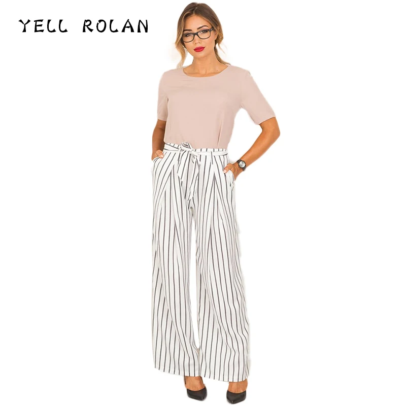 YELL ROLAN Summer Women Casual Loose Wide Leg Pants 2018 New Striped Trousers Office Lady Work Pants Beach Party Belt Pantaloon Pants