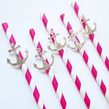 На заказ блестящие анкеры fushia полосатая бумага соломинки морской свадьбы, помолвки, дня рождения, baby shower, соломинки для чайной вечеринки
